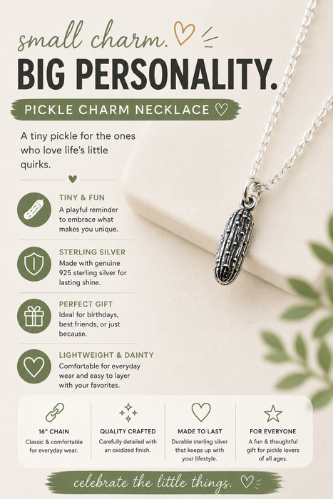 Pickle Charm Necklace - Sterling Silver Jewelry - Handmade Jewelry - Gift for Her