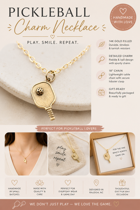 Pickleball Charm Necklace - 14k Gold Filled Jewelry - Handmade Necklace