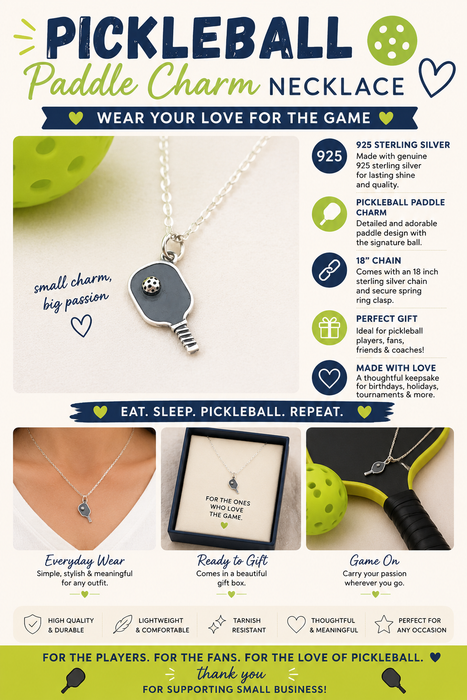 Pickleball Paddle Charm - Sports Pendant - Sterling Silver Necklace - Handmade Jewelry