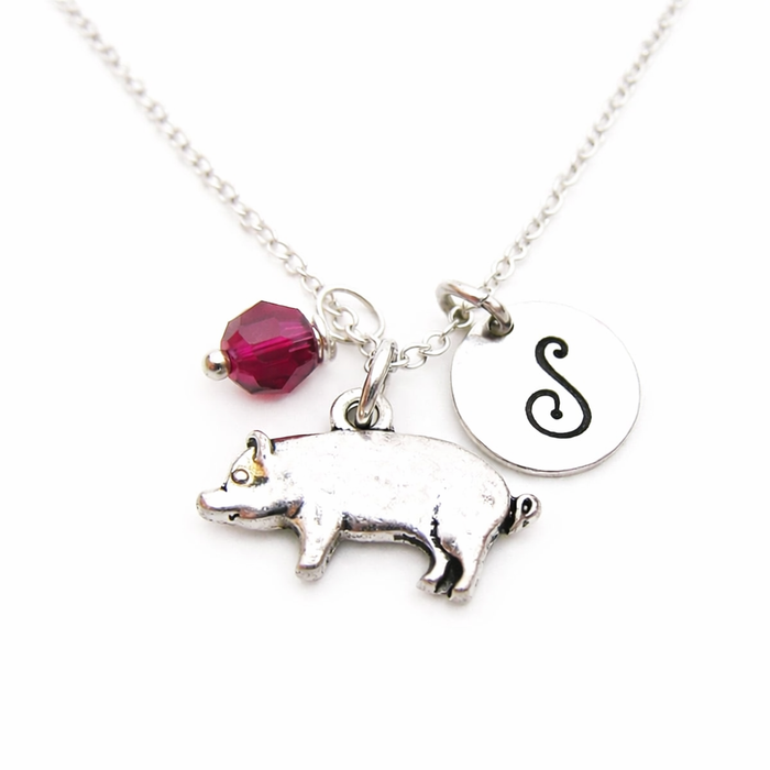 Pig Necklace – Sterling Silver with Birthstone & Initial Charm
