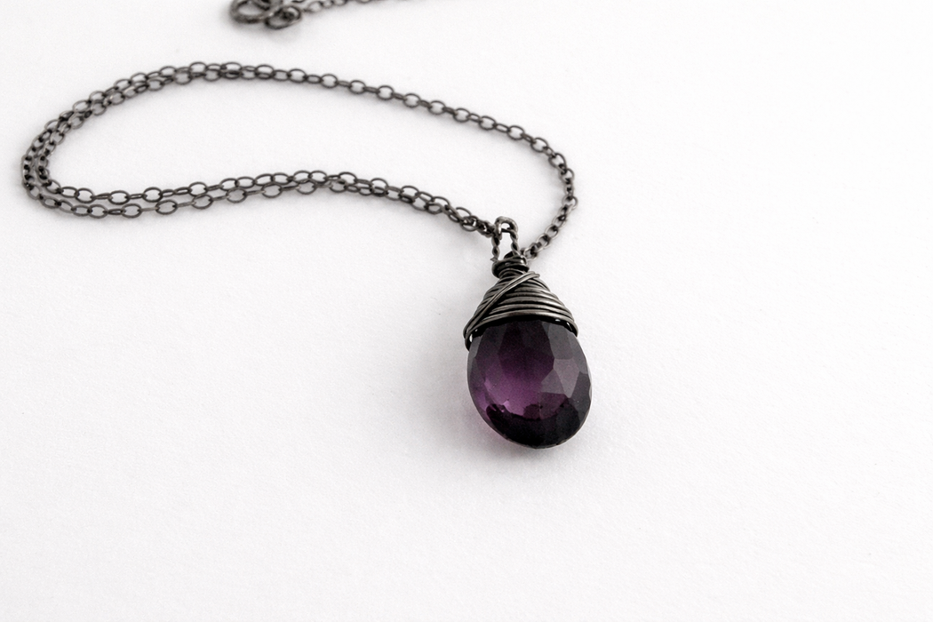 Dark Purple Hydro Quartz Necklace – Oxidized Sterling Silver – Wire Wrapped Pendant – 18" Chain