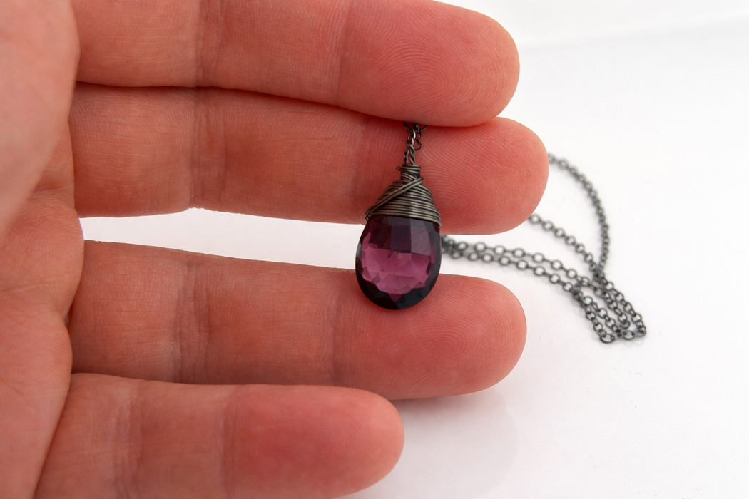 Dark Purple Hydro Quartz Necklace – Oxidized Sterling Silver – Wire Wrapped Pendant – 18" Chain