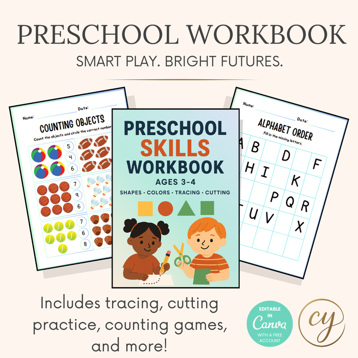 Editable Preschool Skills Workbook for Ages 3–4 – 17 Pages