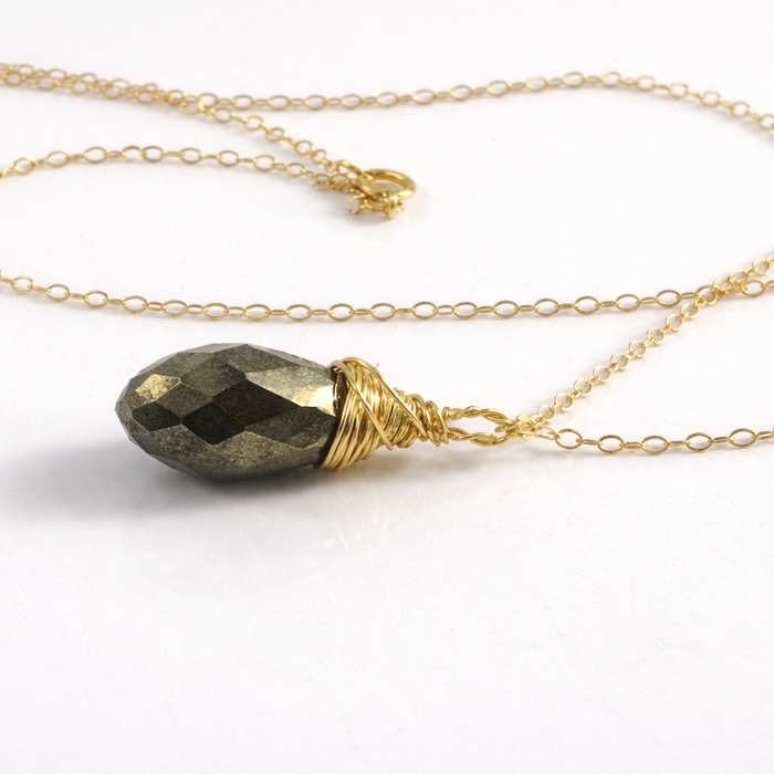 Pyrite Briolette Necklace – Hand Wire Wrapped – 14k Gold Filled – 16” Chain
