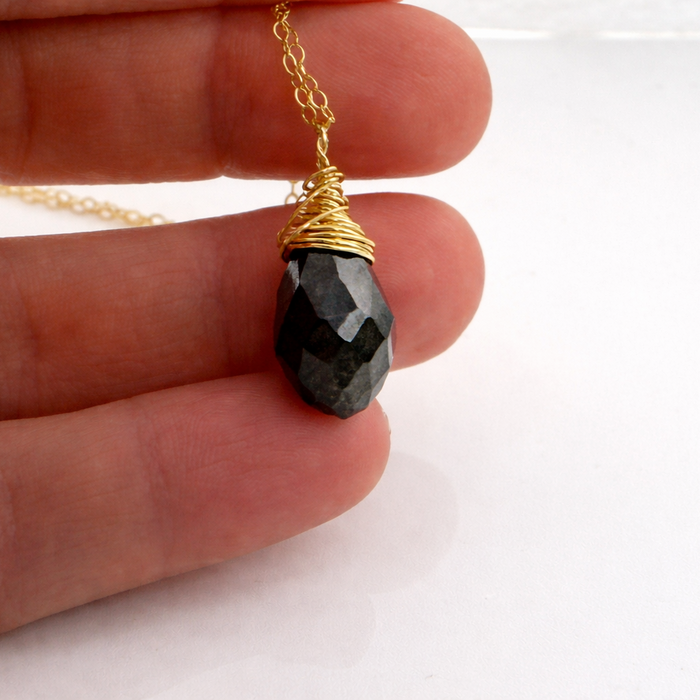 Gold necklace with a black faceted pendant held between fingers on a white background