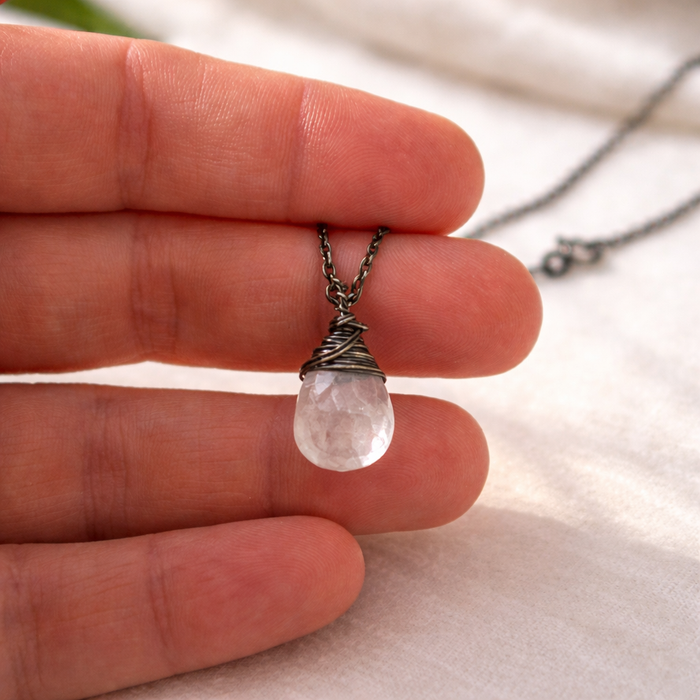 Clear Quartz Wire Wrapped Necklace – Oxidized Sterling Silver – Faceted Quartz Pendant – 18" Chain