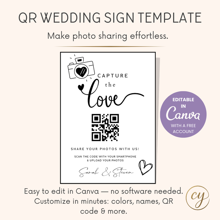 Capture the Love – Editable QR Code Wedding Sign Template (Canva) | Instant Download