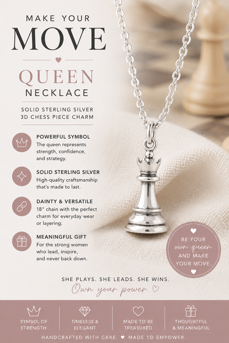 Solid Sterling Silver Queen Chess Necklace – 3D Charm on 18" Chain