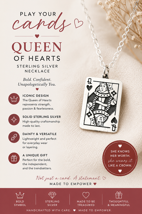 Queen of Hearts Sterling Silver Necklace – Playing Card Pendant on 18" Chain