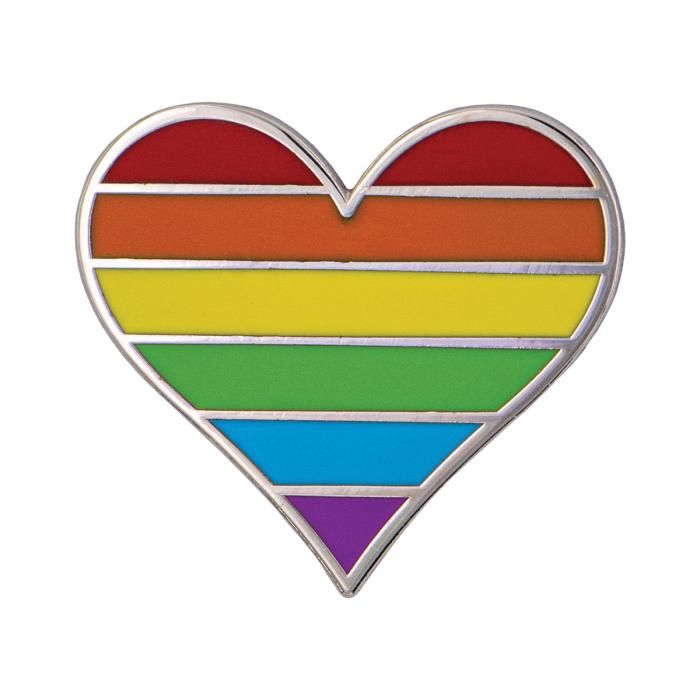 Heart-shaped pin with rainbow colors on a white background
