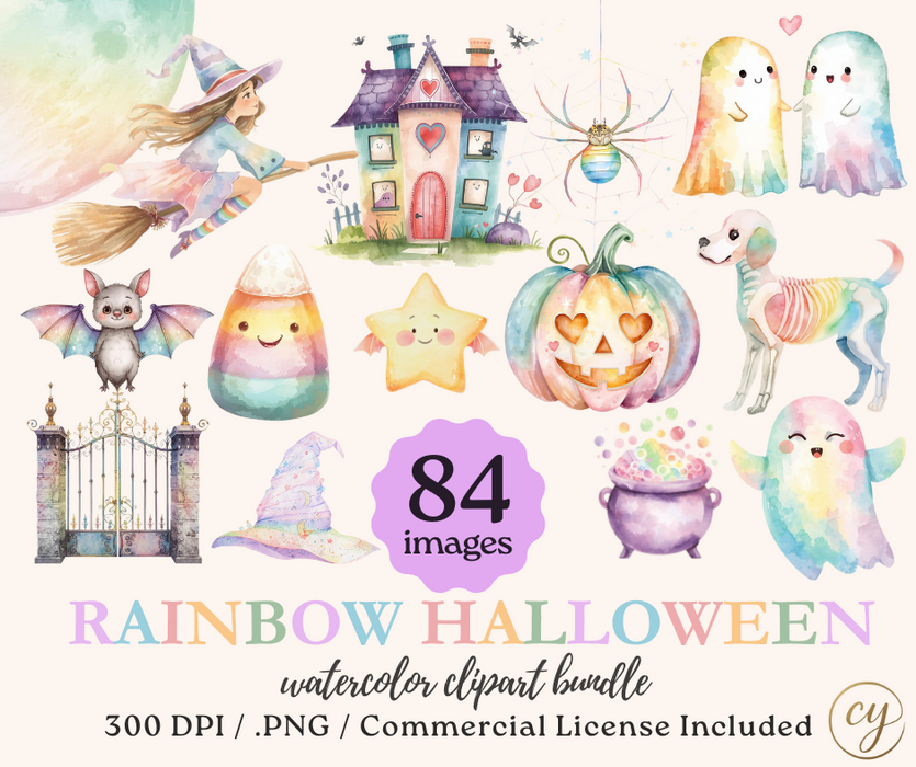 Rainbow Halloween Clipart Bundle – 84 Pastel Watercolor PNG Images – Cute Kawaii Spooky Scene Builder – Commercial Use