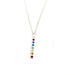 close up of a silver vertical bar pendant with a row of rainbow crystals hanging from a silver chain