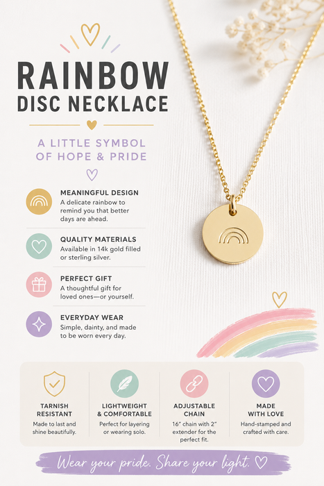 Rainbow Disc Necklace – Hand Stamped Pride Jewelry in Gold Filled or Sterling Silver