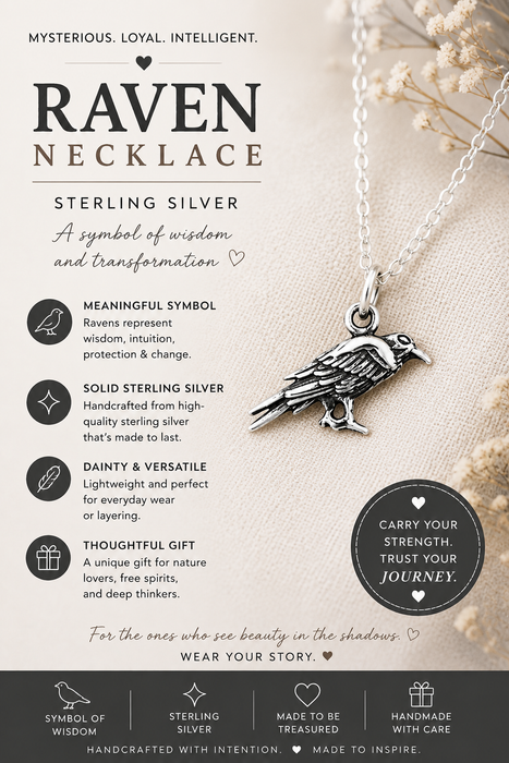 Raven Charm Necklace Crow Bird Charm - Handmade Sterling Silver Jewelry