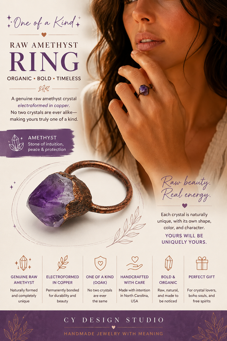 OOAK Raw Amethyst Crystal Ring | Electroformed Copper Statement Ring | Size 6.5