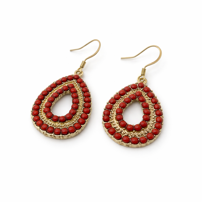 Red Beaded Teardrop Drop Earrings – Gold Tone Statement Jewelry, 1.5" Dangle
