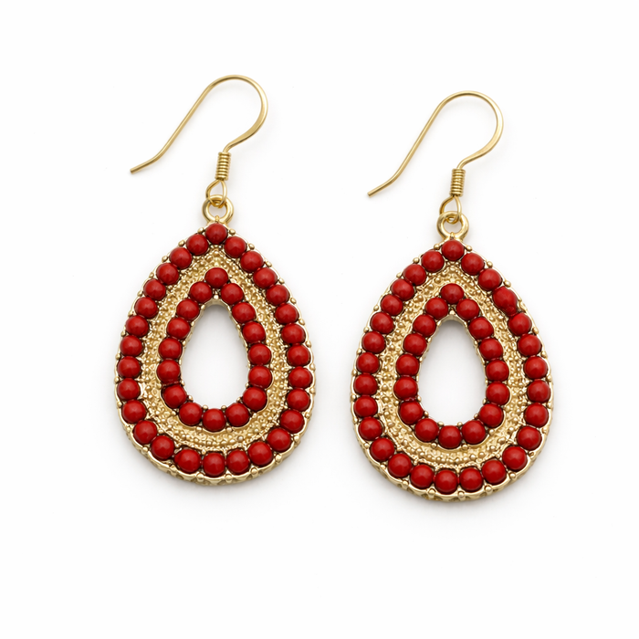 Red Beaded Teardrop Drop Earrings – Gold Tone Statement Jewelry, 1.5" Dangle