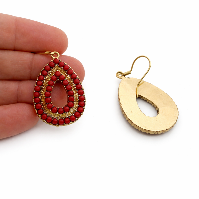 Red Beaded Teardrop Drop Earrings – Gold Tone Statement Jewelry, 1.5" Dangle