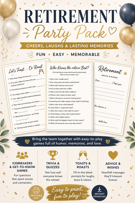 Retirement Party Game Pack – Printable PDF with Fun Icebreakers, Trivia & Toasts