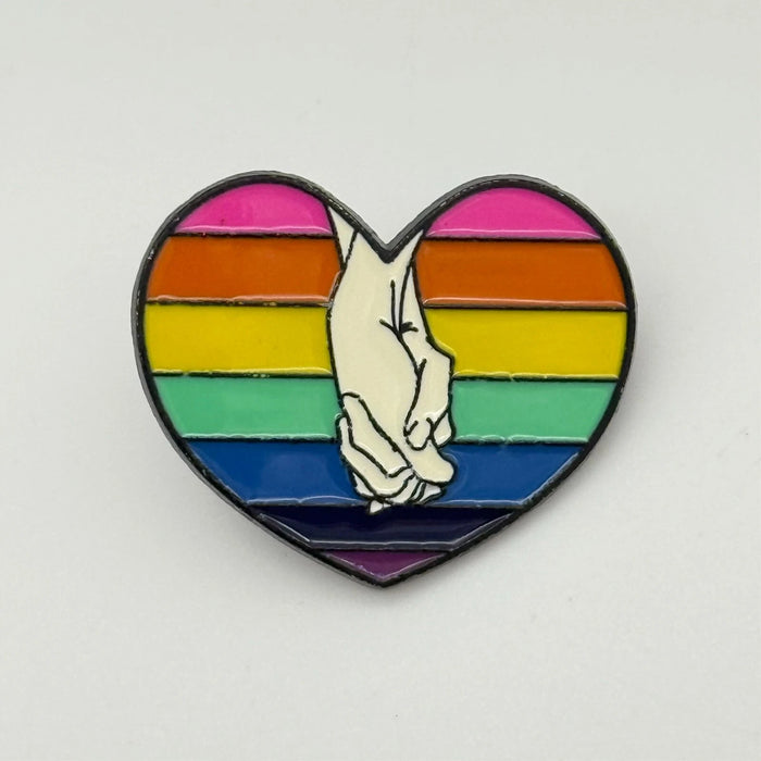 Holding Hands Pride Enamel Pin – Rainbow Heart “Love Is Love” Accessory
