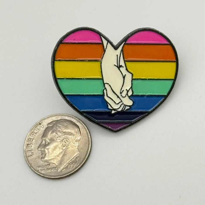 Holding Hands Pride Enamel Pin – Rainbow Heart “Love Is Love” Accessory