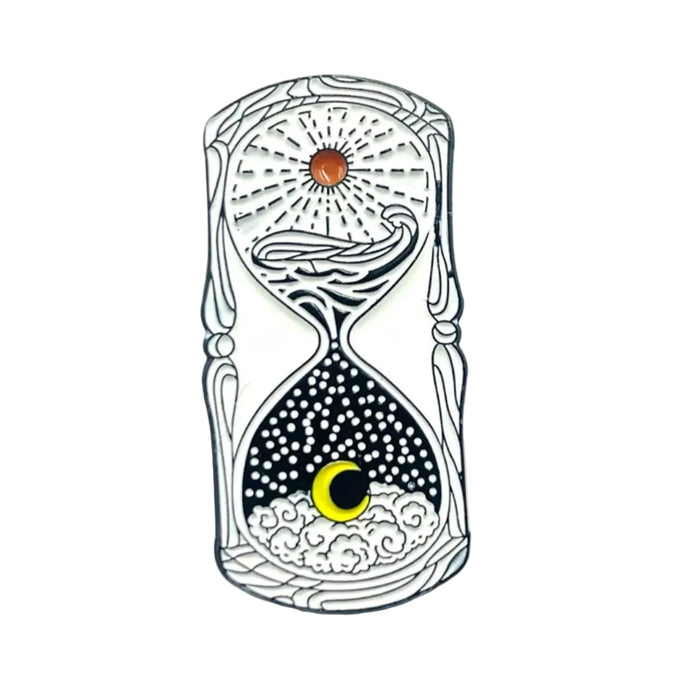 Hourglass design with sun and moon elements on a white background