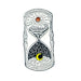 Hourglass design with sun and moon elements on a white background
