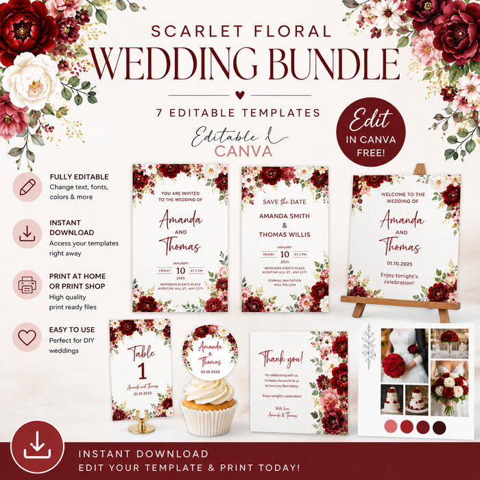 Scarlet Floral Wedding Bundle | 7 Editable Canva Wedding Templates