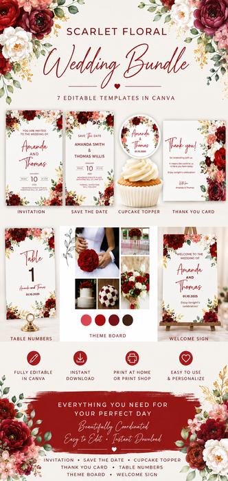 Scarlet Floral Wedding Bundle | 7 Editable Canva Wedding Templates