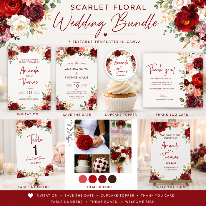 Scarlet Floral Wedding Bundle | 7 Editable Canva Wedding Templates