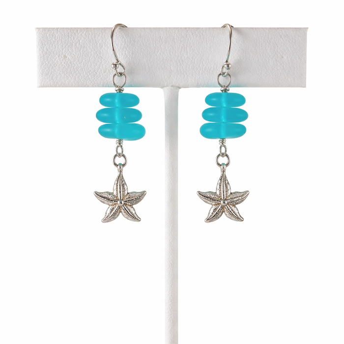 Blue Sea Glass Sterling Starfish Earrings