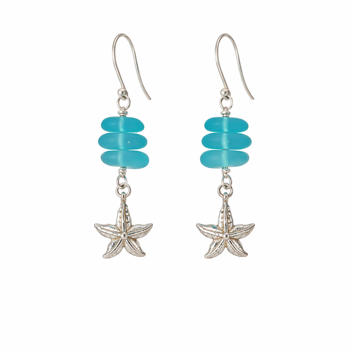 Blue Sea Glass Sterling Starfish Earrings