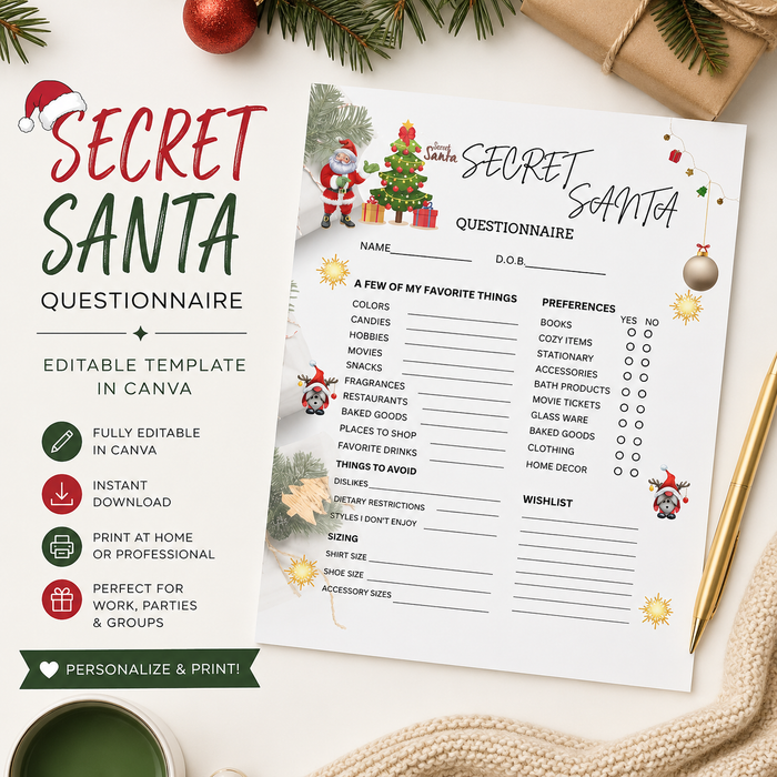 Secret Santa Questionnaire | Editable Canva Template