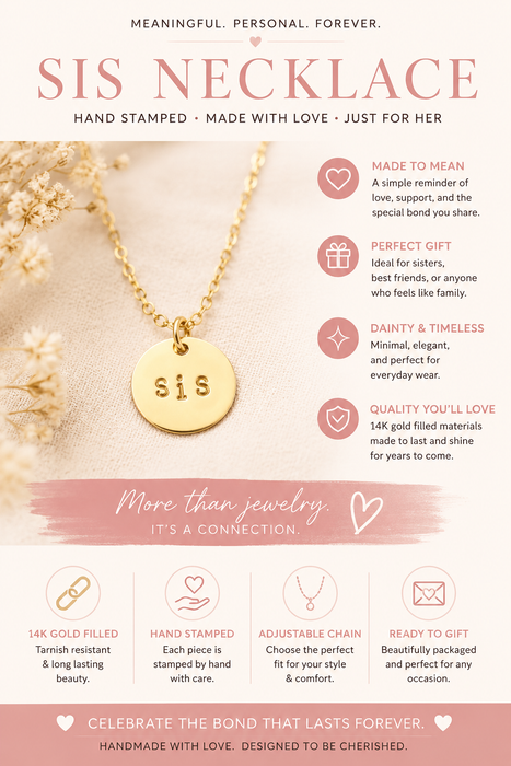 Hand Stamped "SIS" Necklace | Personalized Sister Gift | Dainty Gold Necklace | Friendship Jewelry | Handmade Jewelry Gift
