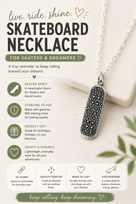 Skateboard Charm Sterling Silver Necklace