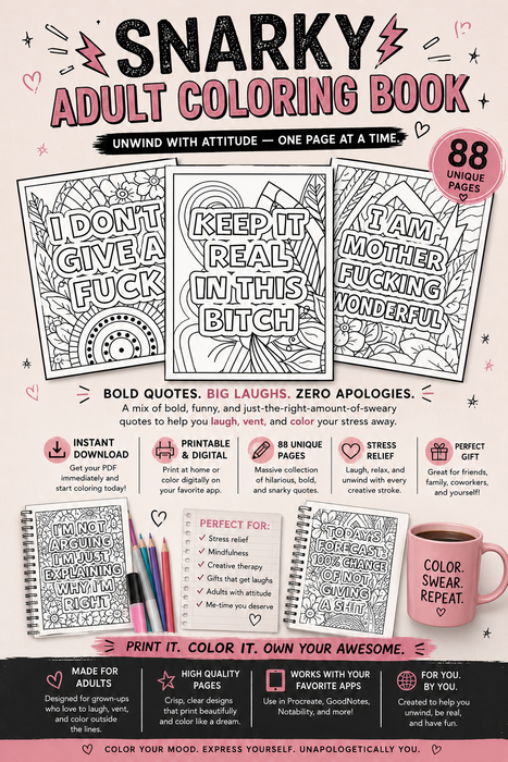 Snarky Adult Coloring Book - 88 Sweary Stress Relief Pages | Instant Download PDF