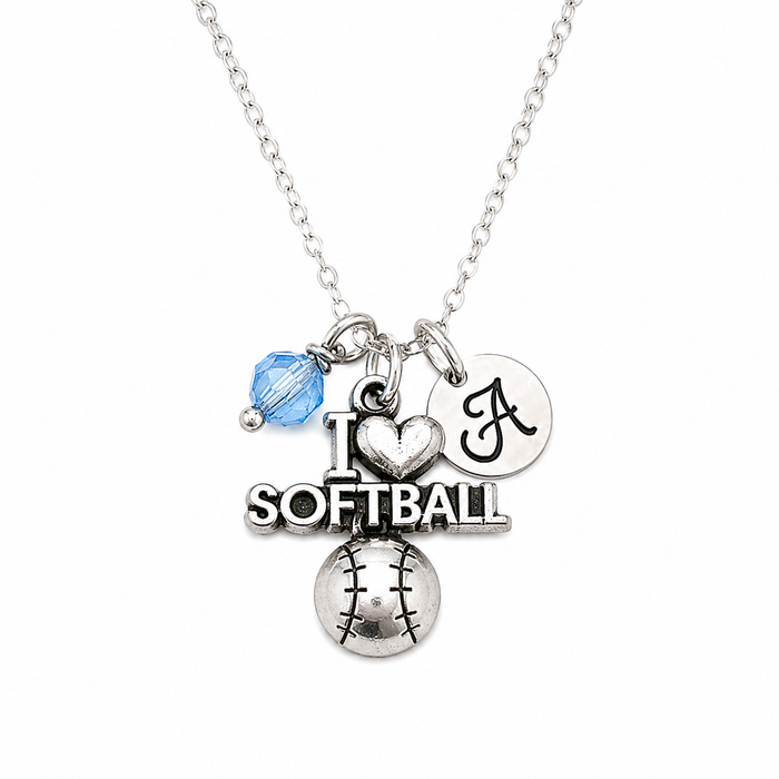 I Heart Softball Charm Necklace - Personalized Sterling Silver Jewelry