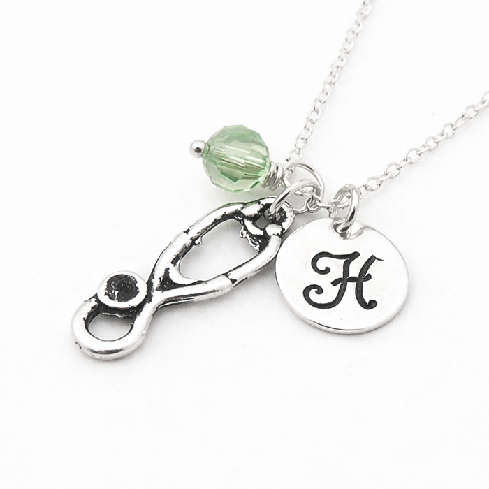 Stethoscope Necklace – Sterling Silver with Birthstone & Initial Charm