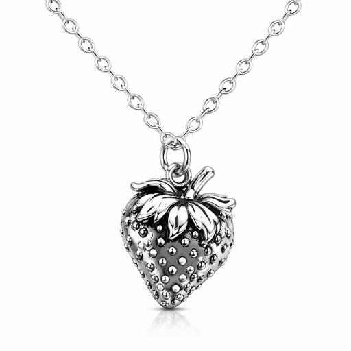 Silver strawberry pendant necklace on a white background