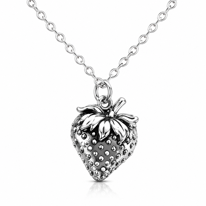 Silver strawberry pendant necklace on a white background