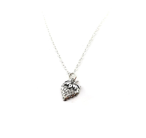 sterling silver strawberry charm hanging from a silver chain against a white background