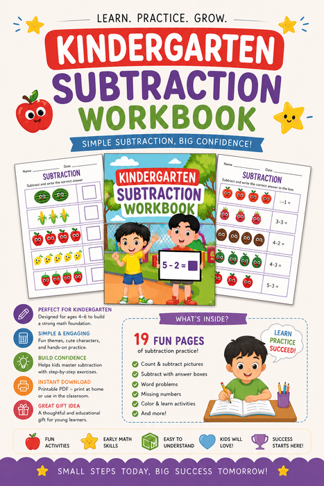 Kindergarten Subtraction Workbook – 19 Printable Pages | Instant PDF Download