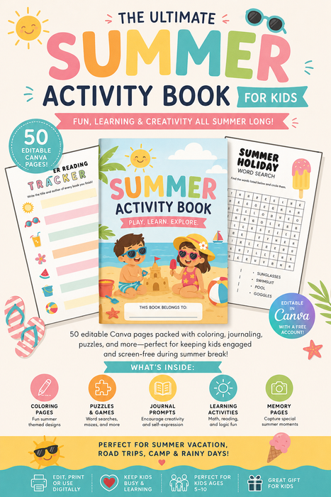 Summer Activity Book for Kids – 50-Page Canva Template with Coloring, Puzzles & Journal Prompts