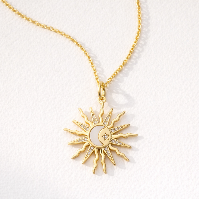 Sun & Moon Necklace — Mother of Pearl Shell Moon, Gold Filled Chain