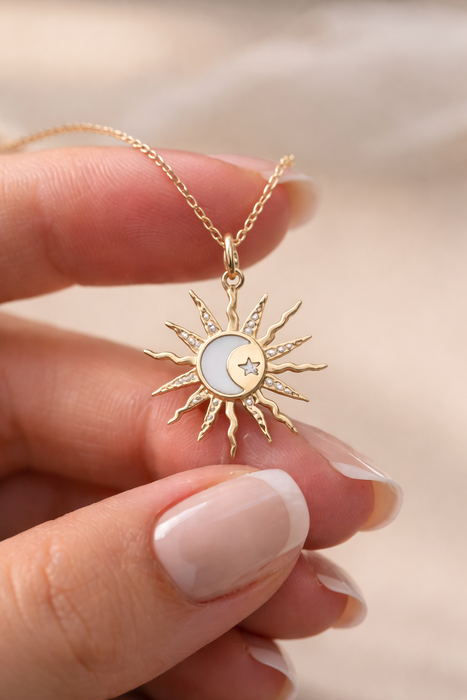 Sun & Moon Necklace — Mother of Pearl Shell Moon, Gold Filled Chain
