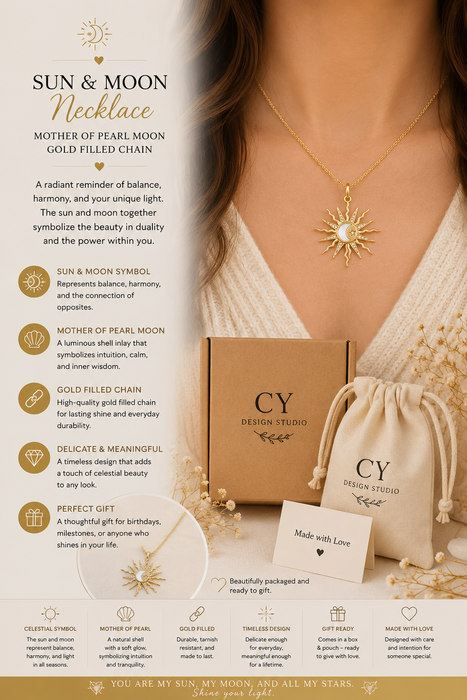 Sun & Moon Necklace — Mother of Pearl Shell Moon, Gold Filled Chain