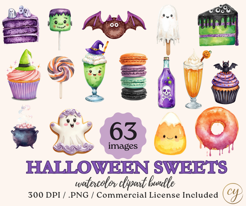 Halloween Sweets Clipart Bundle – 63 Watercolor PNG Images – Cute Halloween Desserts, Treats, Candy
