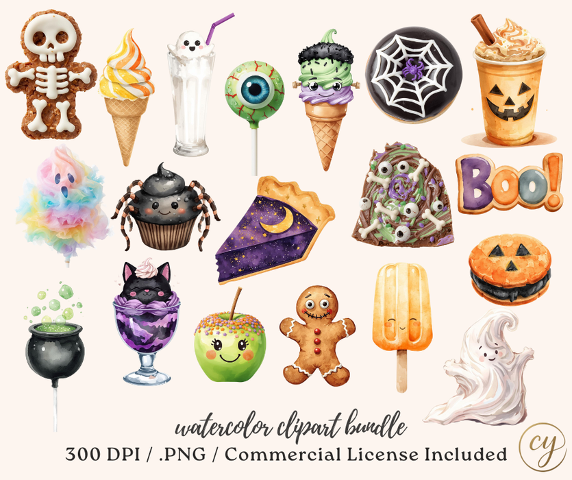Halloween Sweets Clipart Bundle – 63 Watercolor PNG Images – Cute Halloween Desserts, Treats, Candy