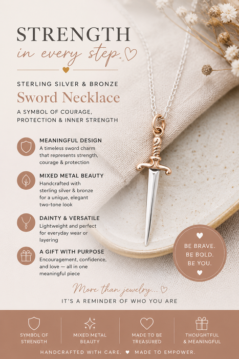 Sterling Silver Sword Necklace with Bronze Handle – Handmade Jewelry