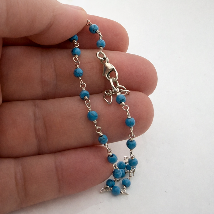 Delicate Turquoise Gemstone Wire Wrapped Bracelet – Sterling Silver Beaded Bracelet – Adjustable 7–8 Inch Handmade Jewelry